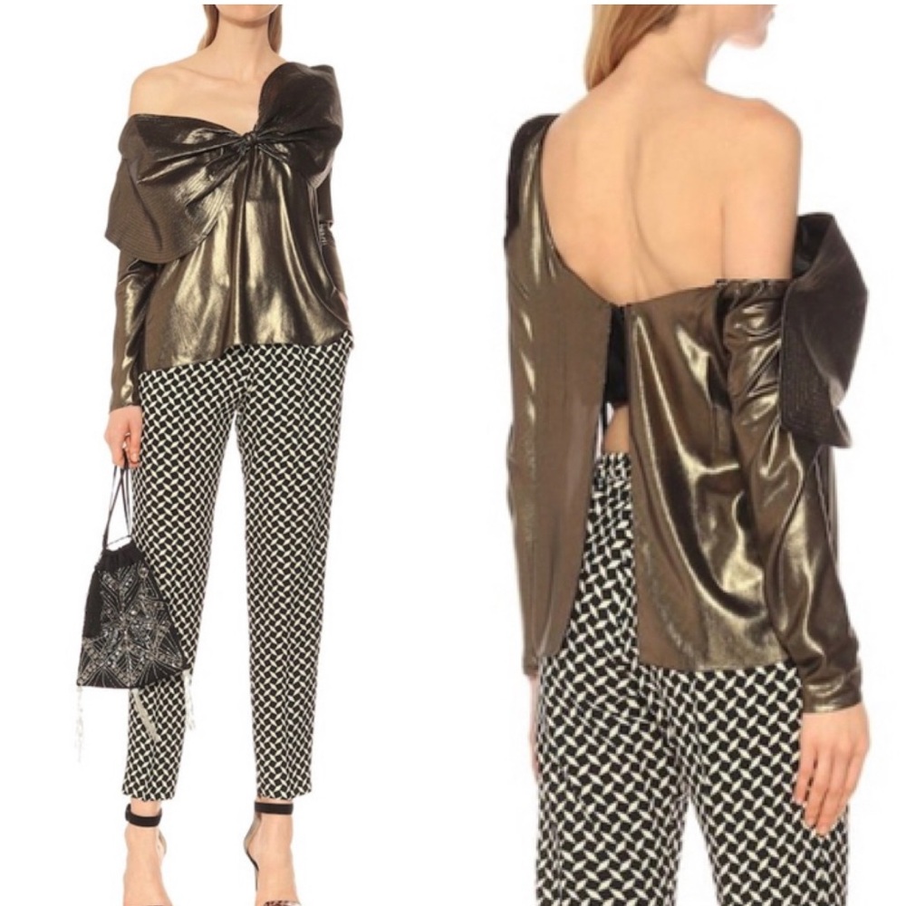 JOHANNA ORTIZ Balkana Metallic Foil Off The Shoulder Bow Top NEW Size 6